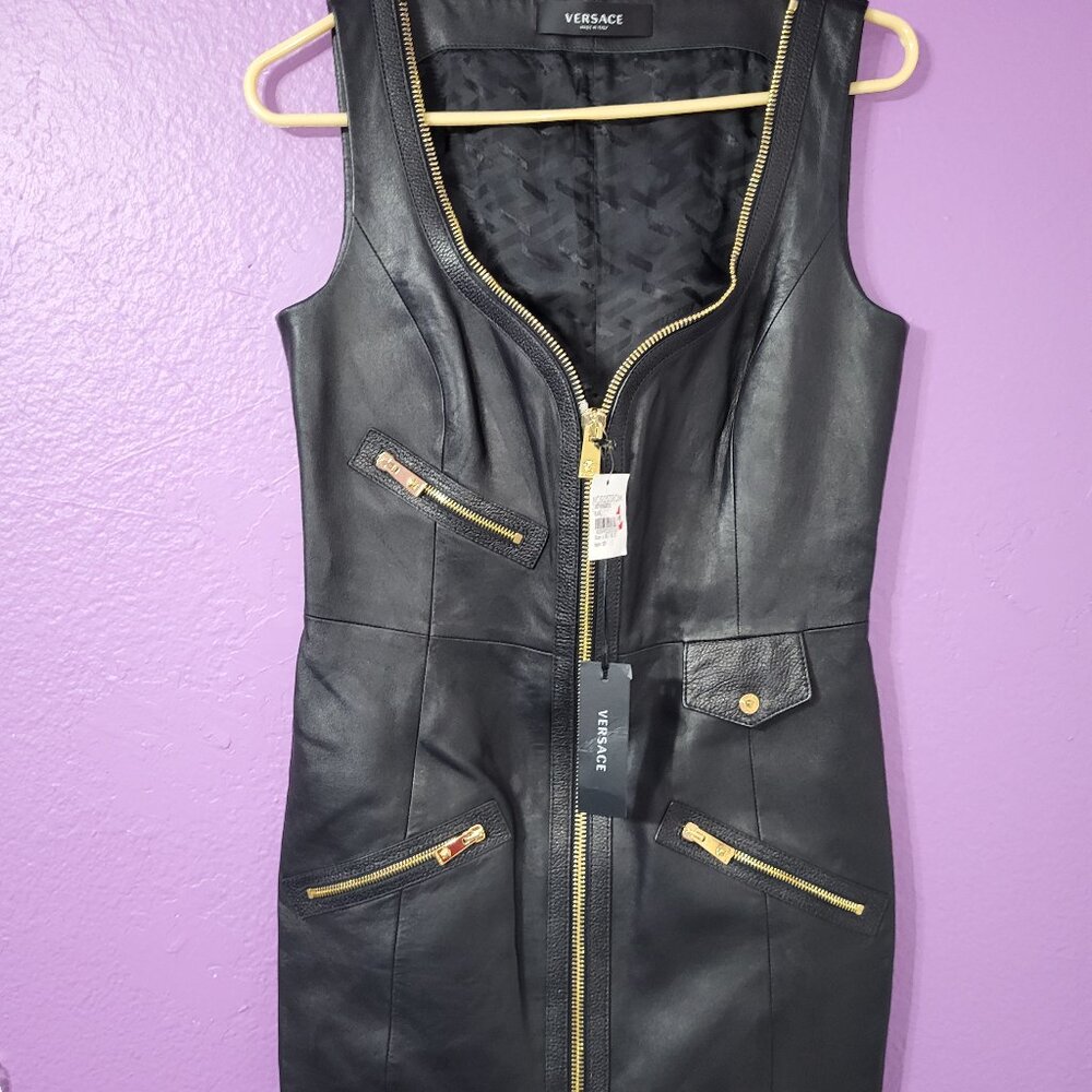 NWT Versace Sleeveless Lambskin Black Leather Mini Dress Size M US